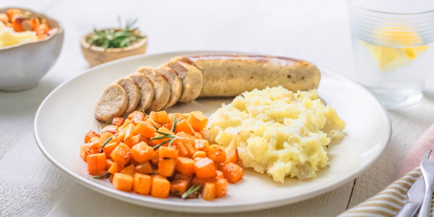 Boudin blanc avec purée de topinambours et potiron grillé