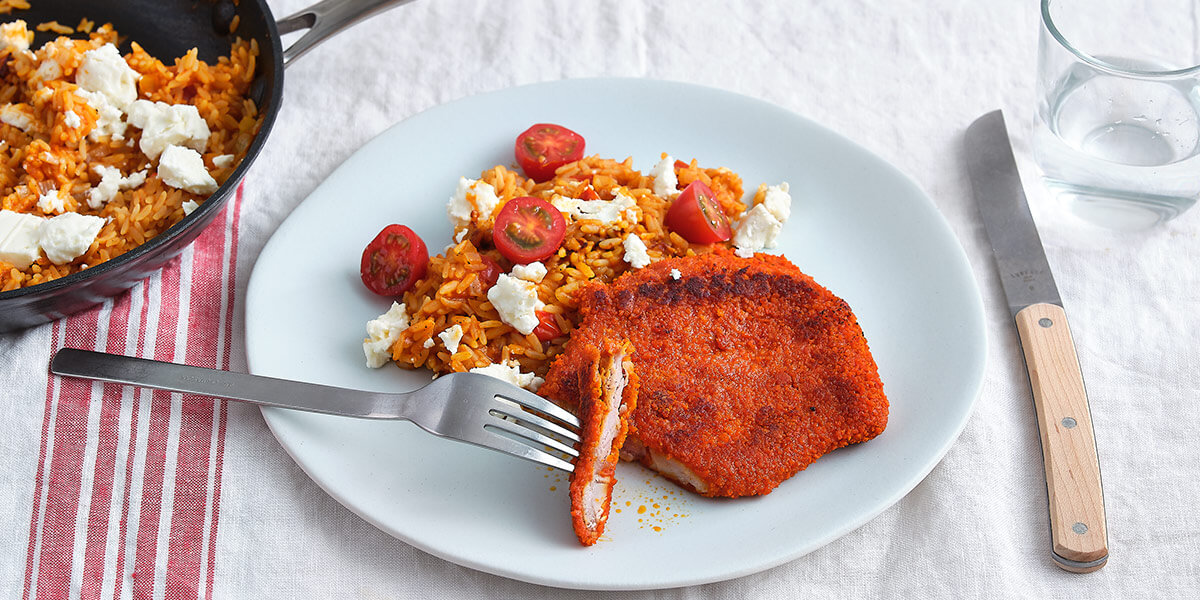 Escalope de porc, riz à la tomate et à la feta