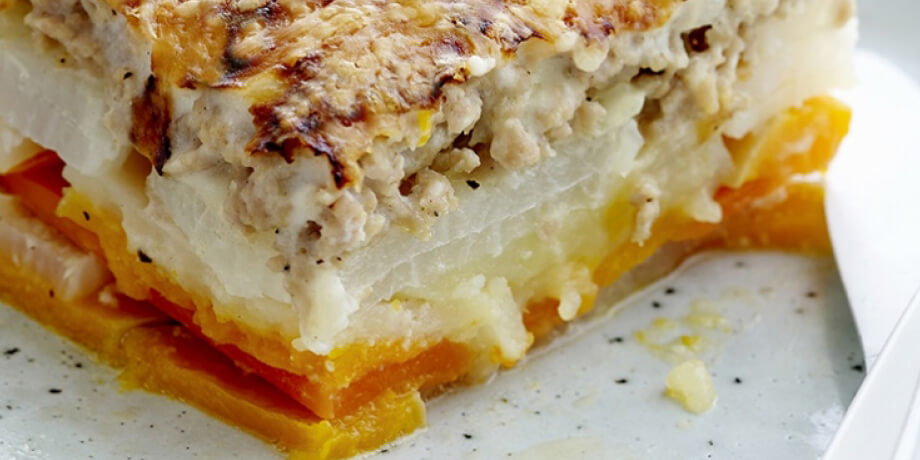 Parmentier met rammenas en pompoen