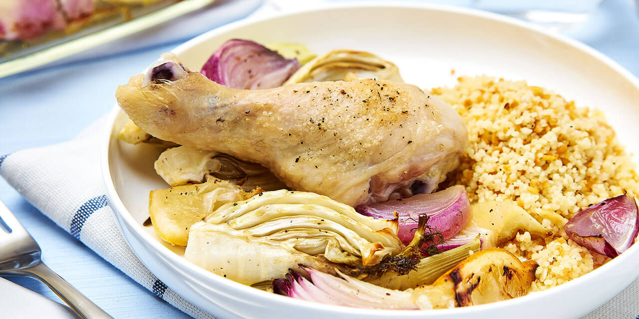 Kippenbillen uit de oven met venkel en granenmix 		