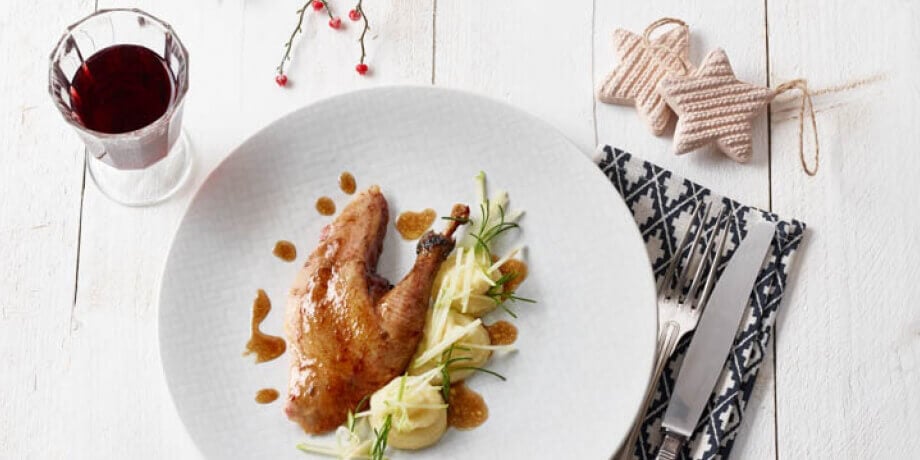 Faisan rôti, purée de panais et de pommes au gingembre