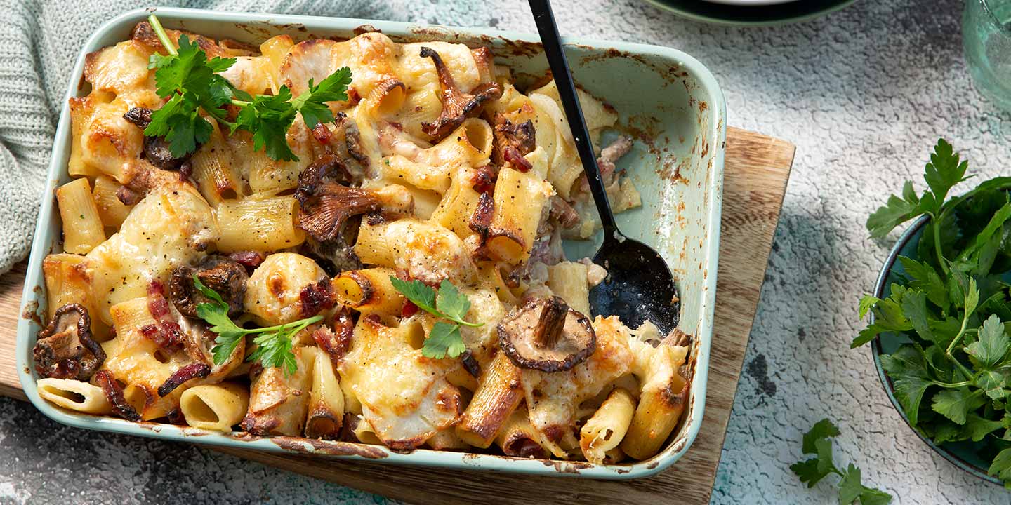 Pastagratin met champignons en abdijkaas