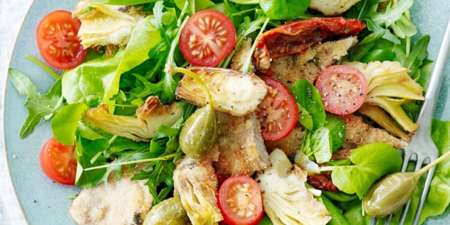 Feuille de chêne, cœurs d'artichauts et veau pané