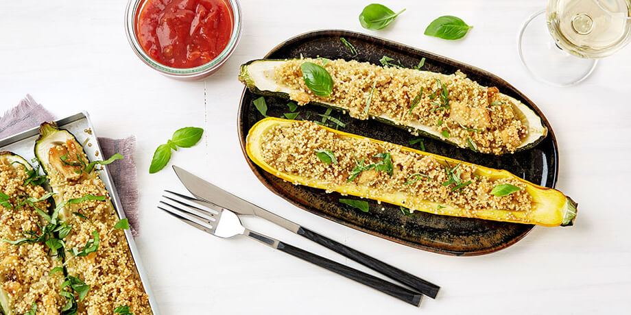 Courgette gevuld met quinoa en gerookte forel