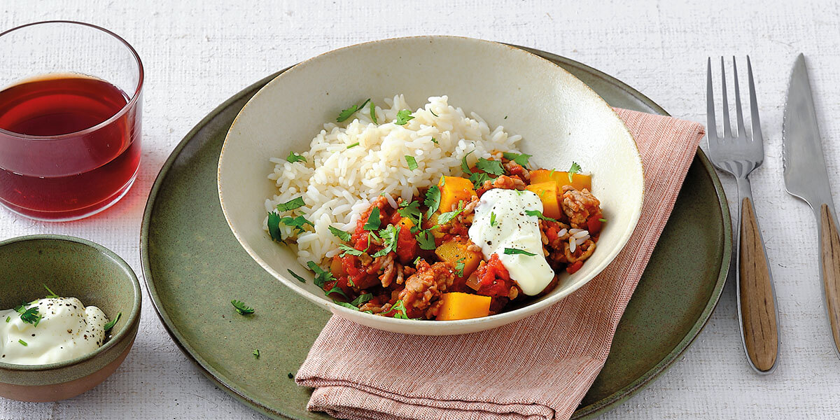 Pompoenchili met kippengehakt en rijst