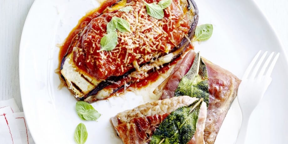 Aubergines à la mozzarella et saltimbocca