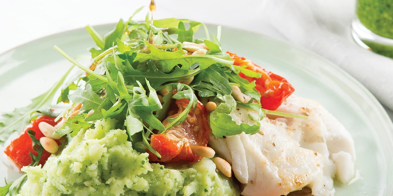 Cabillaud et purée de pesto de roquette		
