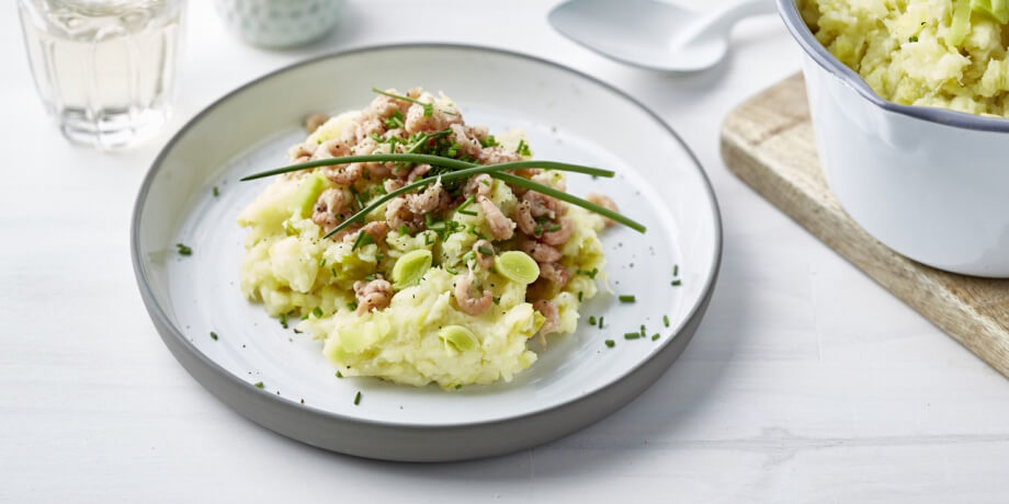 Stoemp poireaux et crevettes grises