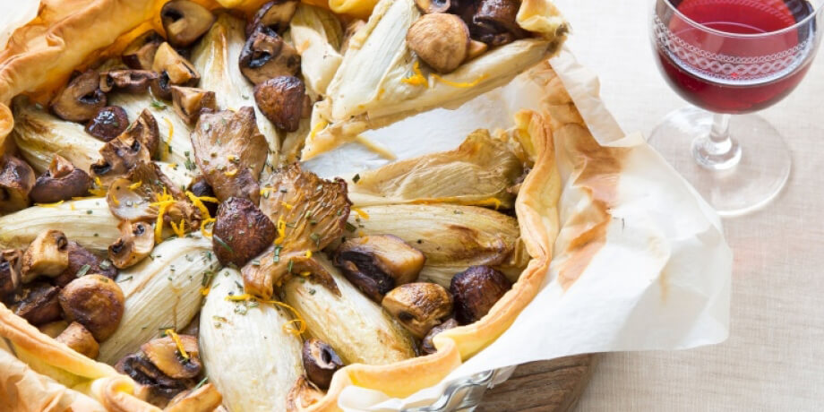 Fazant met witlooftaart en champignons