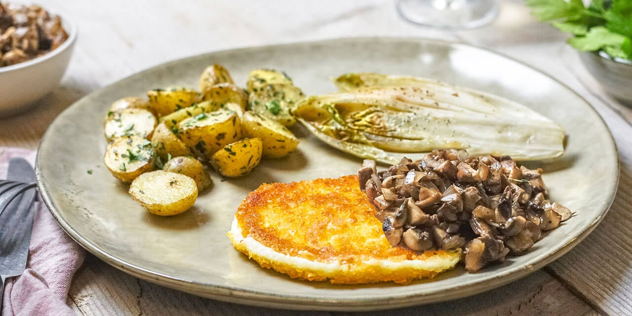 Romana salade met witloof, roquefort en gebakken peer		