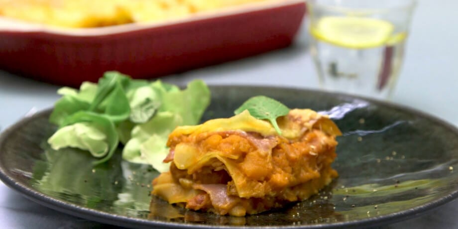 Pompoenlasagne met beenham