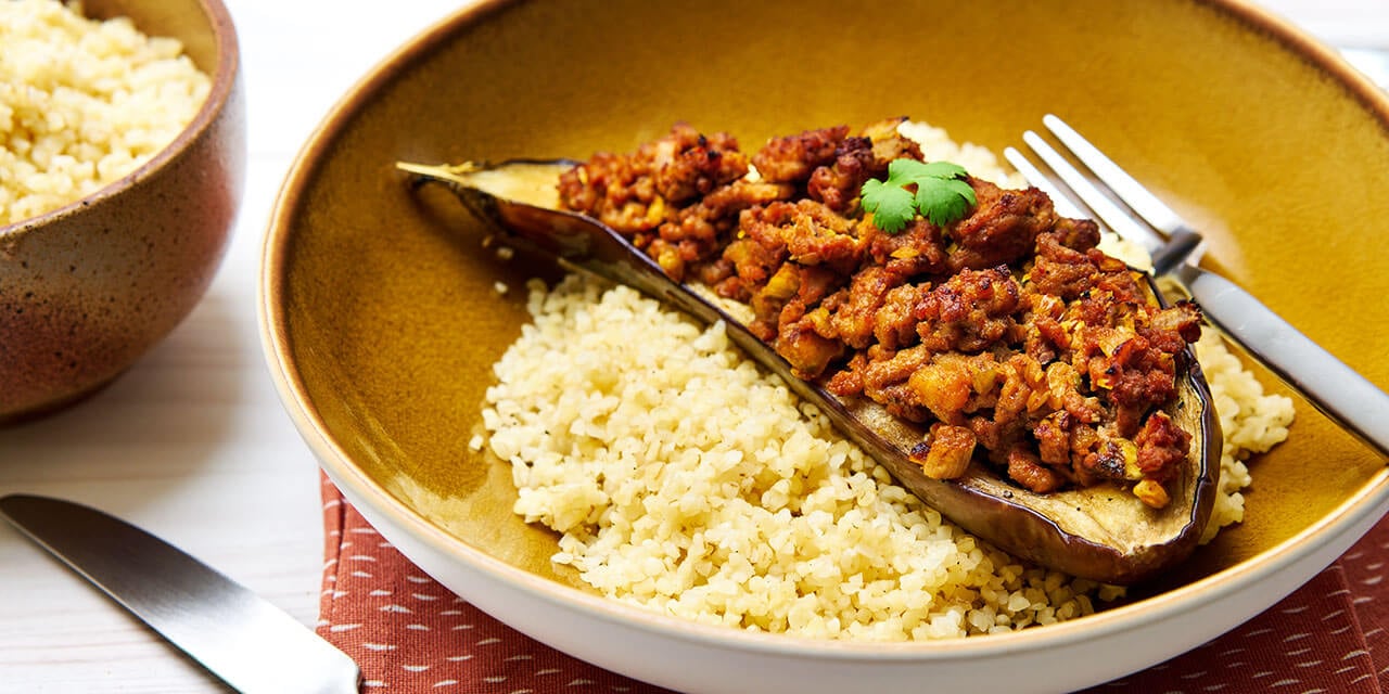 Aubergine farcie à l'agneau et au boulgour