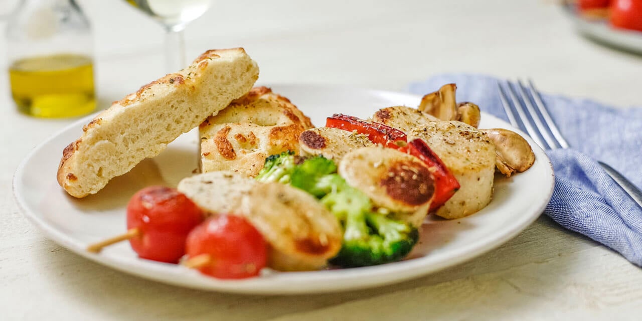Brochettes van witte pens en krokante groenten