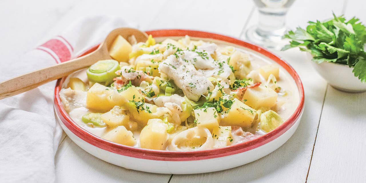 Chaudrée de merlan, poireaux et pommes de terre