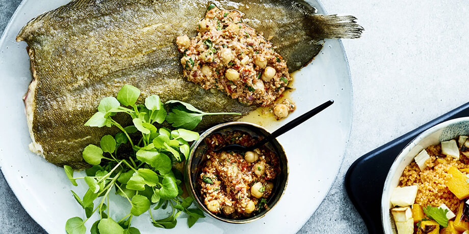 Sole sur peau, salsa picada et couscous d’hiver